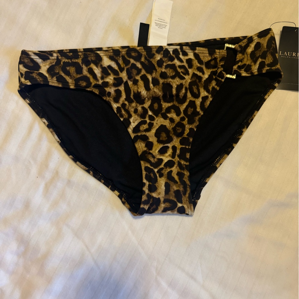 NWT Lauren Ralph Lauren Leopard Print Swim Suit Bottoms Size 4 Gold Ring on hip